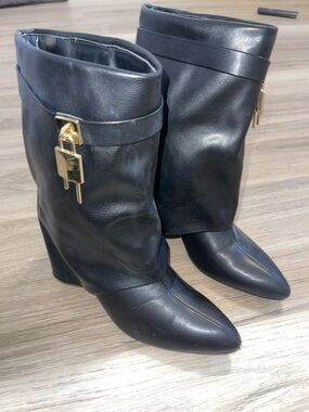 Black Women's Mid-Calf Wedge Boots with Gold Accent